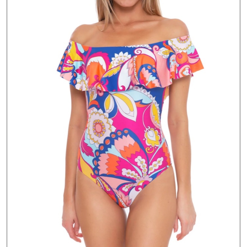 Trina Turk Sevilla Ruffle Off The Shoulder Floral One Piece Swimsuit Size 8 NWT